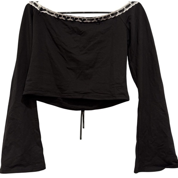 Edikted Off The Shoulder Bell Sleeve Lace Ribbon Trim Crop Top Black SZ L - Picture 5 of 8